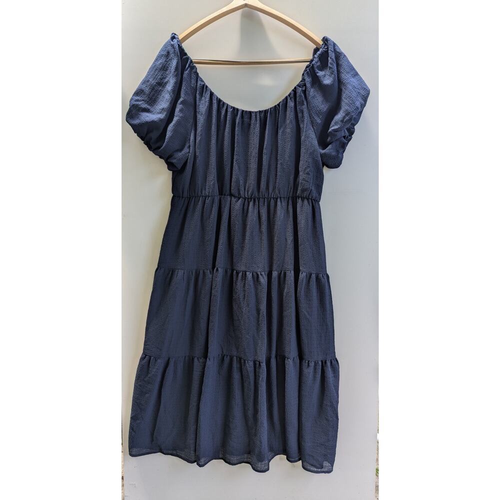 Ophelia Roe Tiered Midi Dress Womens 1X Navy Blue Excellent Puff Sleeve Boho